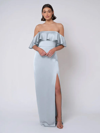 ベビーブルーブライズメイドドレス サテン生地 ボールガウン フロアレングス ウェディング パーティードレス