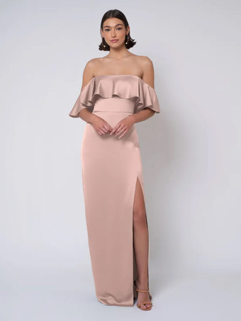 ピンクブライズメイドドレス サテン生地 ボールガウン フロアレングス ウェディング パーティードレス