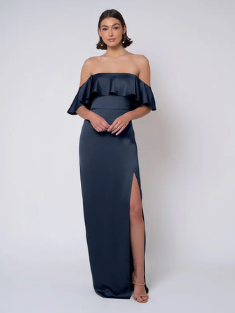 ダークネイビーブライズメイドドレス サテン生地 ボールガウン フロアレングス ウェディング パーティードレス
