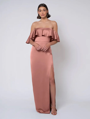 サーモンピンクブライズメイドドレス サテン生地 ボールガウン フロアレングス ウェディング パーティードレス