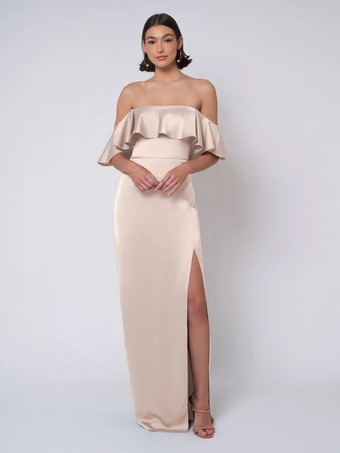 肌色ブライズメイドドレス サテン生地 ボールガウン フロアレングス ウェディング パーティードレス