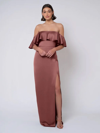 カメオピンクブライズメイドドレス サテン生地 ボールガウン フロアレングス ウェディング パーティードレス