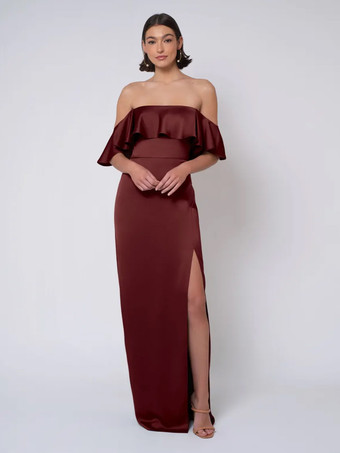 エンバーレッドブライズメイドドレス サテン生地 ボールガウン フロアレングス ウェディング パーティードレス