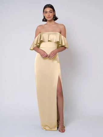 シャンパンブライズメイドドレス サテン生地 ボールガウン フロアレングス ウェディング パーティードレス