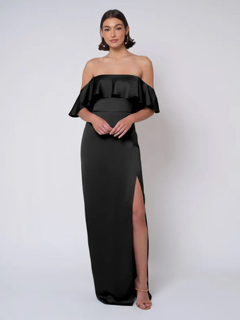 ブラックブライズメイドドレス サテン生地 ボールガウン フロアレングス ウェディング パーティードレス