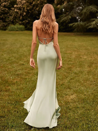 ブライズメイドドレス サテン生地 シース トレーン付き ウェディングパーティードレス