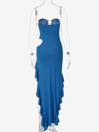 クラブドレス ストラップレス セクシー フリル ノースリーブ ポリエステル バックレス レッド セクシードレス