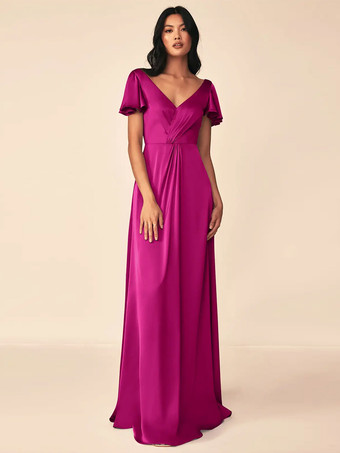 マゼンタブライズメイドドレス ボールガウン フロアレングス ジッパー 伸縮性のあるシルクのようなサテンのフォーマルガウン