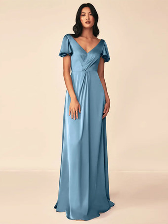 スカイブルー ブライズメイドドレス ボールガウン フロアレングス ジッパー 伸縮性のあるシルクのようなサテンのフォーマルガウン