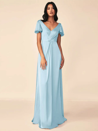 ベビーブルーブライズメイドドレス ボールガウン フロアレングス ジッパー 伸縮性のあるシルクのようなサテンのフォーマルガウン