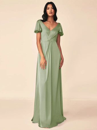 セージグリーンブライズメイドドレス ボールガウン フロアレングス ジッパー 伸縮性のあるシルクのようなサテンのフォーマルガウン