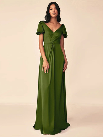 グリーン ブライズメイドドレス ボールガウン フロアレングス ジッパー 伸縮性のあるシルクのようなサテンのフォーマルガウン