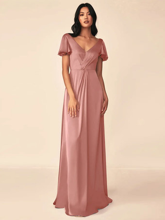 サーモンピンクブライズメイドドレス ボールガウン フロアレングス ジッパー 伸縮性のあるシルクのようなサテンのフォーマルガウン