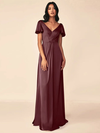 バーガンディーブライズメイドドレス ボールガウン フロアレングス ジッパー 伸縮性のあるシルクのようなサテンのフォーマルガウン