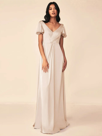 シャンパンブライズメイドドレス ボールガウン フロアレングス ジッパー 伸縮性のあるシルクのようなサテンのフォーマルガウン