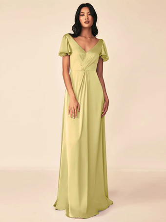 イエローブライズメイドドレス ボールガウン フロアレングス ジッパー 伸縮性のあるシルクのようなサテンのフォーマルガウン