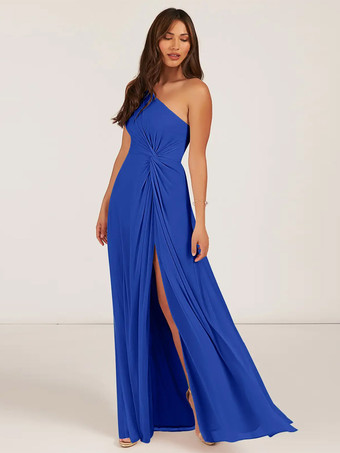 ダズリンブルーブライズメイドドレス ボールガウン フロアレングス ジッパー シフォン ウェディング パーティードレス