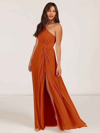 ブリックレッドブライズメイドドレス ボールガウン フロアレングス ジッパー シフォン ウェディング パーティードレス