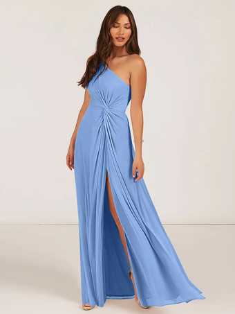 スカイブルー ブライズメイドドレス ボールガウン フロアレングス ジッパー シフォン ウェディング パーティードレス