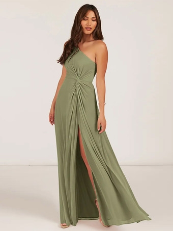 アボカドグリーンブライズメイドドレス ボールガウン フロアレングス ジッパー シフォン ウェディング パーティードレス