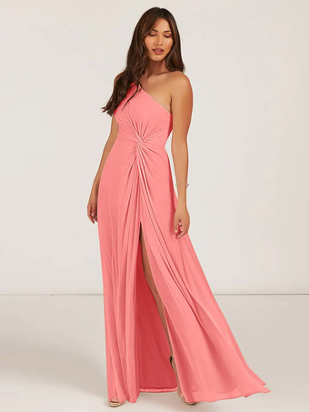 コーラルレッドブライズメイドドレス ボールガウン フロアレングス ジッパー シフォン ウェディング パーティードレス