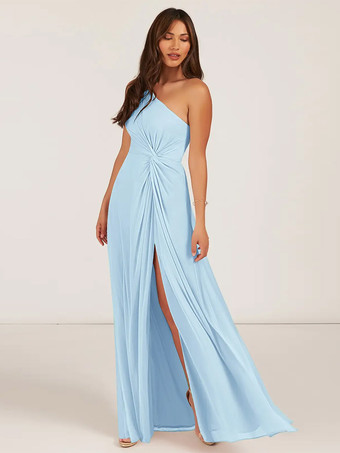 パステルブルーブライズメイドドレス ボールガウン フロアレングス ジッパー シフォン ウェディング パーティードレス