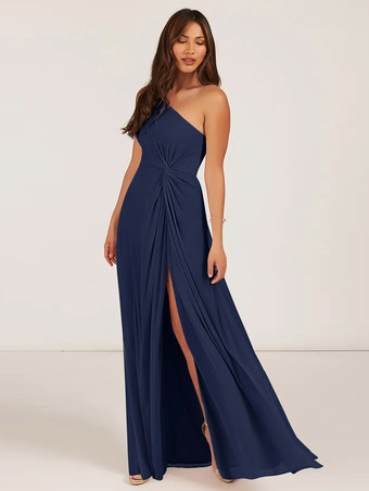 ダークネイビーブライズメイドドレス ボールガウン フロアレングス ジッパー シフォン ウェディング パーティードレス