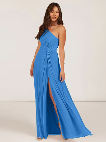 ティールブライズメイドドレス ボールガウン フロアレングス ジッパー シフォン ウェディング パーティードレス