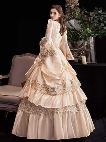 シャンパンレトロコスチュームレディースフリルマリーアントワネットコスチュームポリエステルドレスルネッサンス18世紀コスチューム