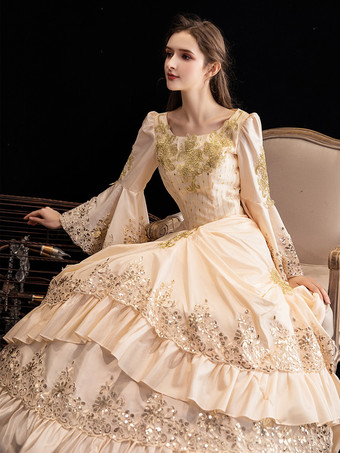 シャンパンレトロコスチュームレディースフリルマリーアントワネットコスチュームポリエステルドレスルネッサンス18世紀コスチューム