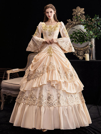 シャンパンレトロコスチュームレディースフリルマリーアントワネットコスチュームポリエステルドレスルネッサンス18世紀コスチューム