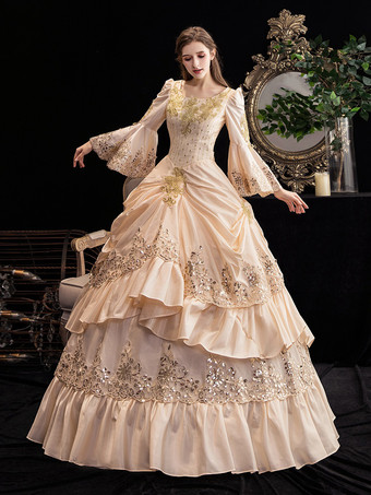 シャンパンレトロコスチュームレディースフリルマリーアントワネットコスチュームポリエステルドレスルネッサンス18世紀コスチューム