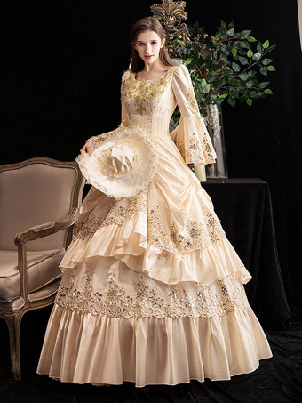 シャンパンレトロコスチュームレディースフリルマリーアントワネットコスチュームポリエステルドレスルネッサンス18世紀コスチューム