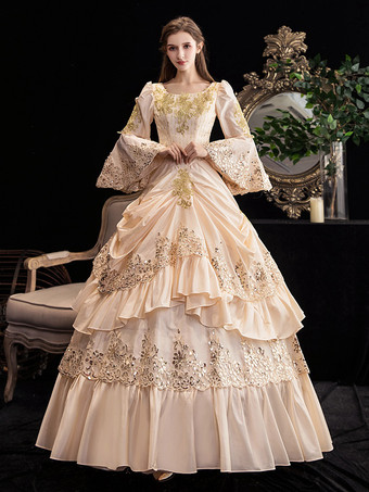 シャンパンレトロコスチュームレディースフリルマリーアントワネットコスチュームポリエステルドレスルネッサンス18世紀コスチューム