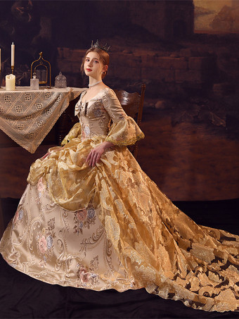 ゴールデンレトロコスチューム フリル マリーアントワネットコスチューム ポリエステルドレス レディース ロイヤルパーティー プロムドレス