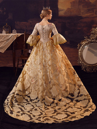 ゴールデンレトロコスチューム フリル マリーアントワネットコスチューム ポリエステルドレス レディース ロイヤルパーティー プロムドレス