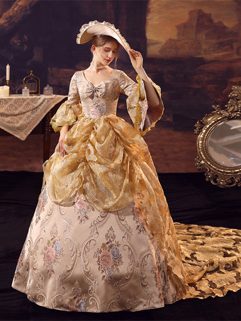 ゴールデンレトロコスチューム フリル マリーアントワネットコスチューム ポリエステルドレス レディース ロイヤルパーティー プロムドレス