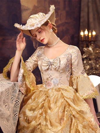 ゴールデンレトロコスチューム フリル マリーアントワネットコスチューム ポリエステルドレス レディース ロイヤルパーティー プロムドレス