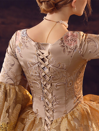 ゴールデンレトロコスチューム フリル マリーアントワネットコスチューム ポリエステルドレス レディース ロイヤルパーティー プロムドレス