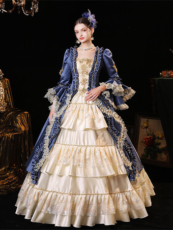 レトロコスチューム レディース レースフリル ブルードレス ルネッサンス マリーアントワネット コスチューム 18世紀 コスチューム