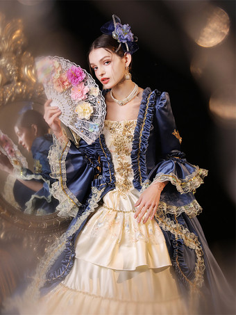 レトロコスチューム レディース レースフリル ブルードレス ルネッサンス マリーアントワネット コスチューム 18世紀 コスチューム