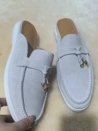 アイボリー レディース スエード フラットミュール ラウンドトゥ バックレス ローファー