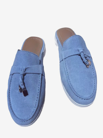 ライトスカイブルーレディース スエード フラットミュール ラウンドトゥ バックレス ローファー