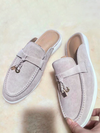 ライト アプリコットレディース スエード フラットミュール ラウンドトゥ バックレス ローファー