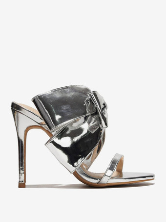 シルバーハイヒールパーティーシューズ リボンオープントゥ バックレスハイヒールサンダル