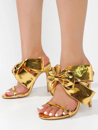 ゴールド シルバーハイヒールパーティーシューズ リボンオープントゥ バックレスハイヒールサンダル