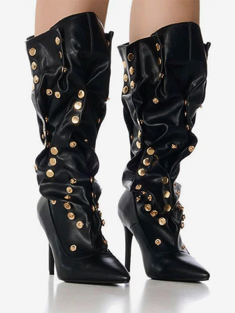 Bottes noires à talons hauts et bout pointu pour femmes bottes mi-claf froncées