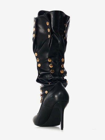 Bottes noires à talons hauts et bout pointu pour femmes bottes mi-claf froncées