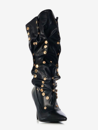 Bottes noires à talons hauts et bout pointu pour femmes bottes mi-claf froncées