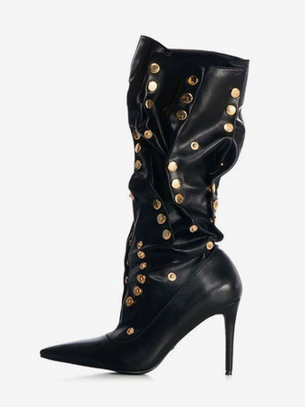 noir Bottes noires à talons hauts et bout pointu pour femmes bottes mi-claf froncées